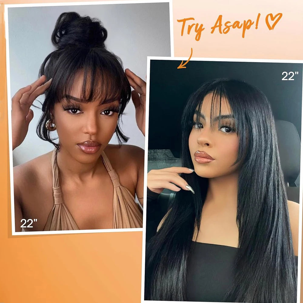 Straight Layered Cut Wigs with Bangs HD Lace Fake Scalp Synthetic Natural Layered Lace Wig For Women Glueless Heat Resistant Wig Viralgem Store