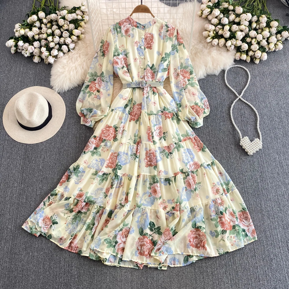 Spring Autumn Women Floral Chiffon Long Dress Vintage Purple/Pink/Black/Beige Stand Collar Single Breasted Maxi Robe Elegant New Viralgem Store