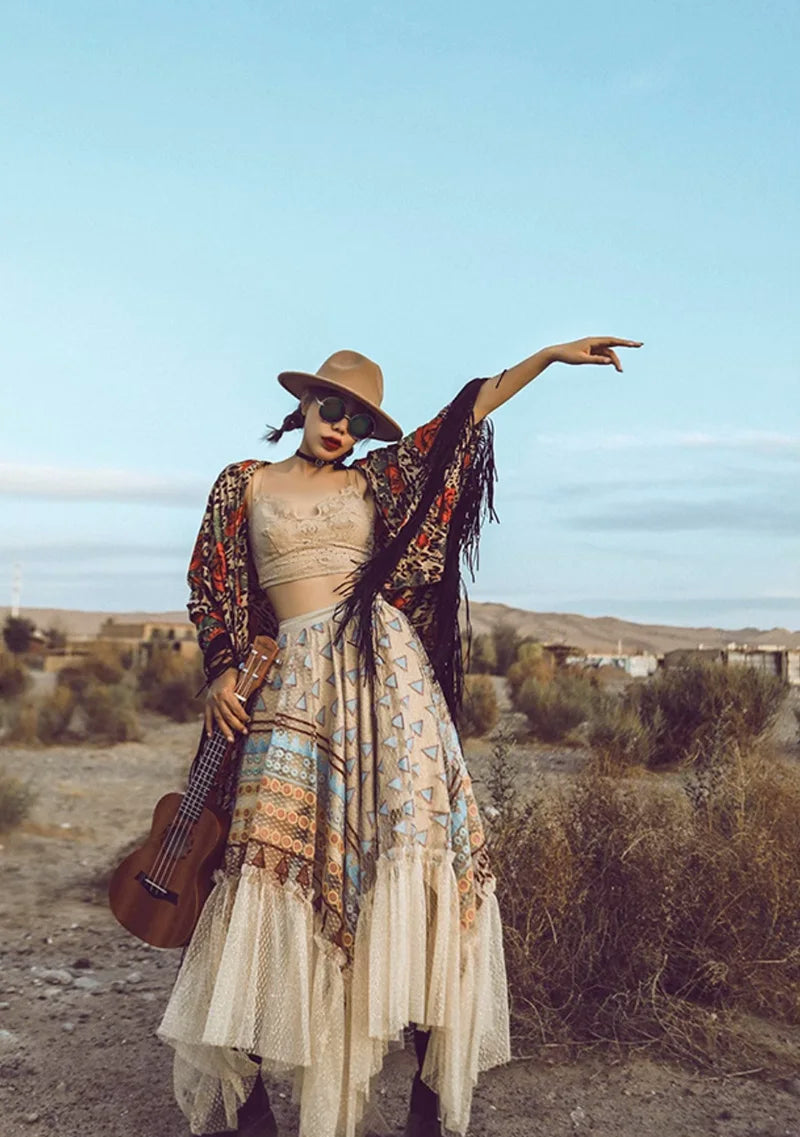 Women‘s Travel Holiday Wear Bohemian Colorful Embroidery Lace Ruffles Skirt Asymmetrical Hem Skirt Female Shiny Gold Mesh Skirts