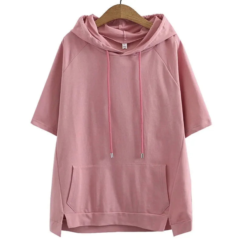 2023 Oversize 4XL Loose Sweatshirts Women Cotton Hoodies Summer Short-sleeves Thin Tees Female Casual Pullover Tops Outerwear