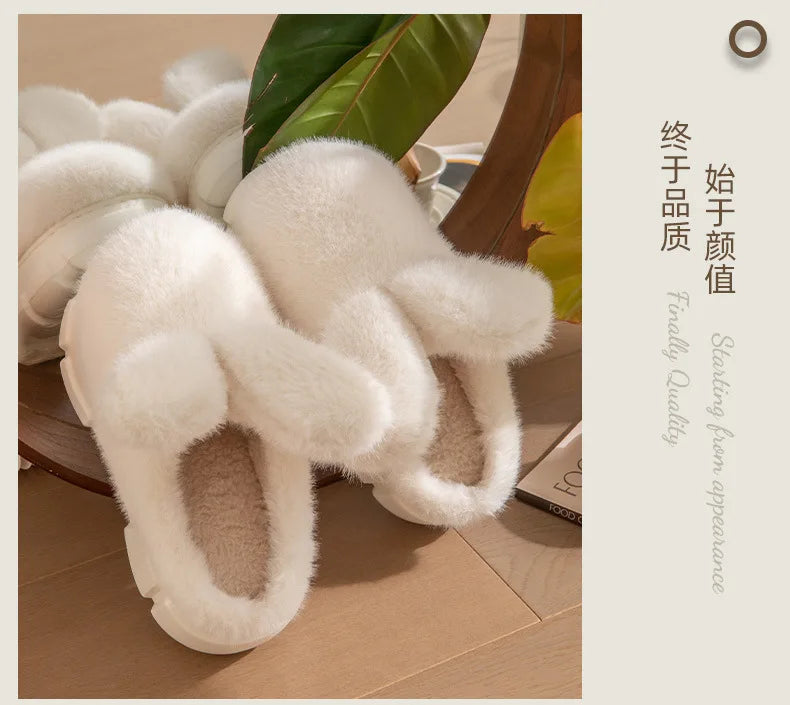 8 cm High platform fur slippers women's winter fluffy ear home shoes woman white bunny rabbit slippers woman house clog shoes