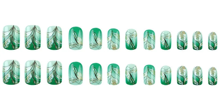 24pcs Short Square Press on Nails Jade Flower Sparkling Powder Designs Fake Nails with Glue Green Gradient Full Cover Nail Tips