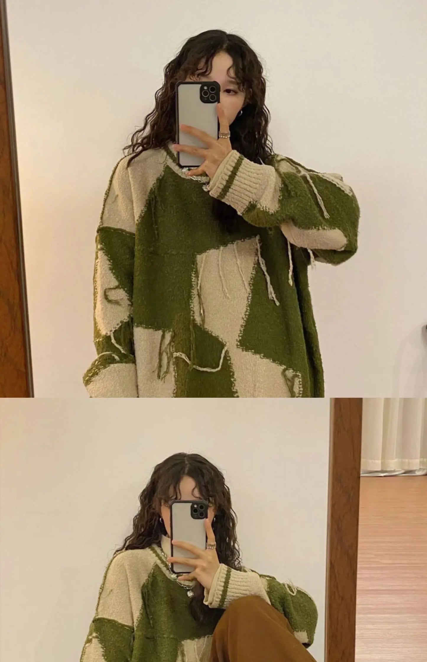Women's Green Gothic Y2k Two-tone Knitted Sweater Harajuku Korean Y2k Long Sleeves Jumper Sweaters Vintage 2000s Clothes Autumn