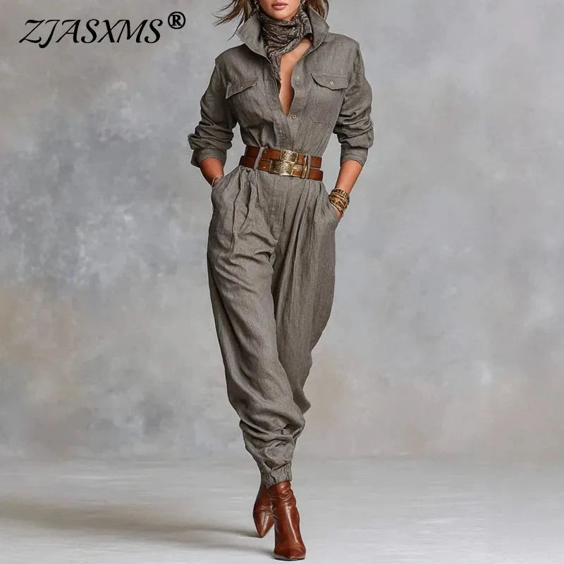 Retro Solid Color Button Lapel Shirt Jumpsuits Woman Fashion High Waist Slim Bodysuits Romper Autumn Long Sleeve Pocket Overalls Viralgem Store