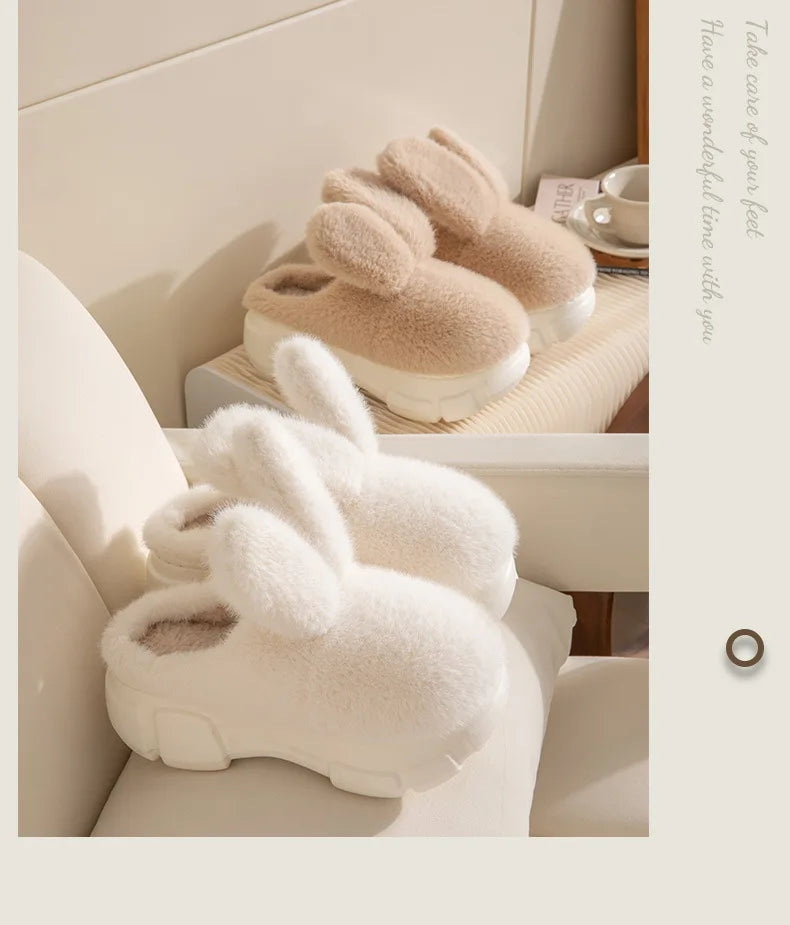 8 cm High platform fur slippers women's winter fluffy ear home shoes woman white bunny rabbit slippers woman house clog shoes