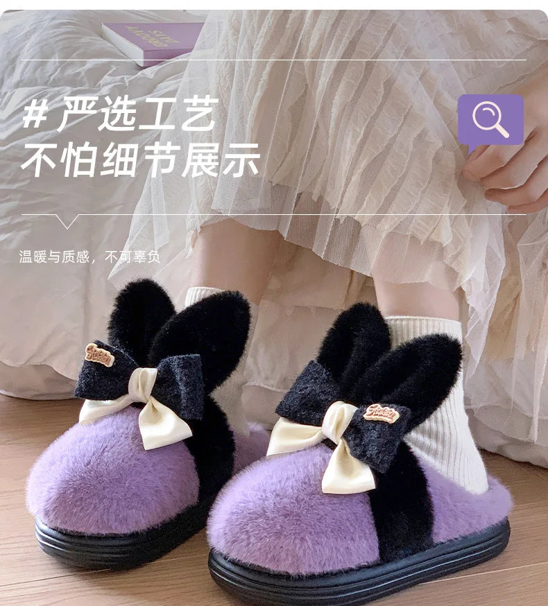 8 cm High platform fur slippers women's winter fluffy ear home shoes woman white bunny rabbit slippers woman house clog shoes