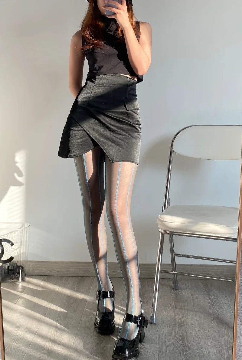 Vintage Sexy Black Vertical Stripes Pattern Stretchy Tights Pantyhose Women's Stockings Gothic Clothes Sexy Women's Underwear