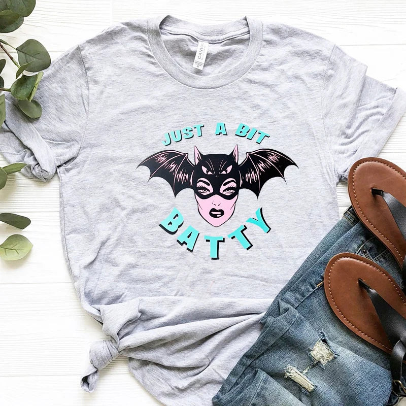 90s Grunge Gothic Clothes Just A Bit Batty Funny Halloween T Shirt for Women Cotton Spooky Withc Horror Dark T-shirt Femme Tops