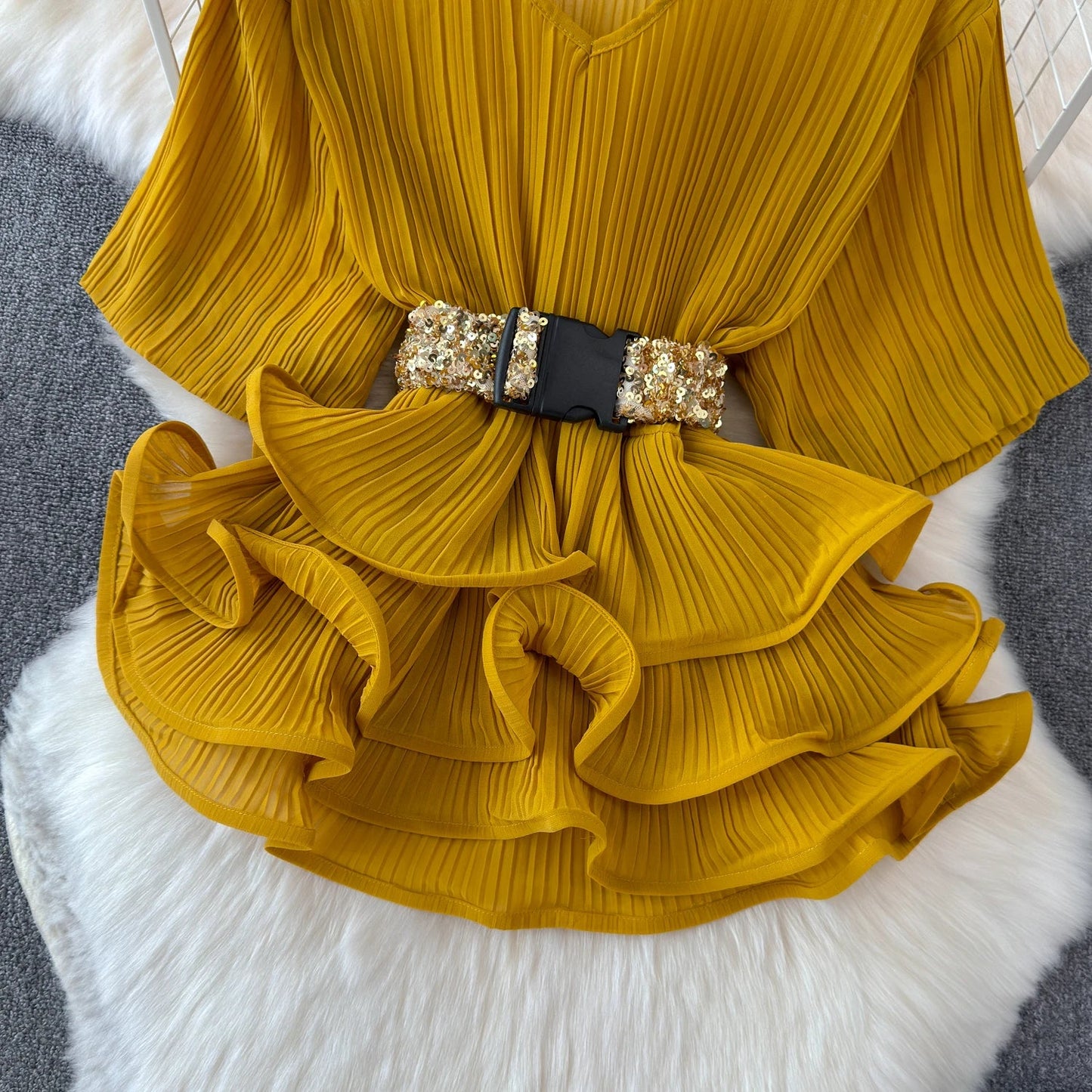 Summer New Light Luxury Sequin Two Piece Skirt Set Women's V-neck Belt Blouse Top+Slim Fit High Waist Wrap Hip Half Skirt Set Viralgem Store