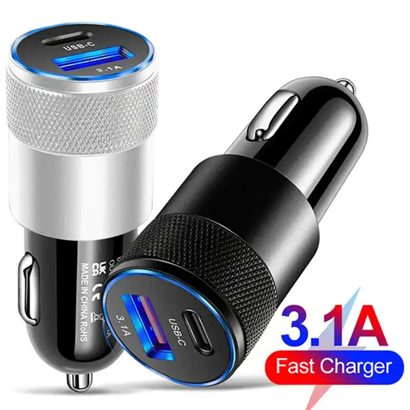 3.1A USB Car Charger Aluminum Alloy PD Fast Charging for Mobile Phone Tablet 15W Dual Port Car Charger Adapter Fast Car Charger
