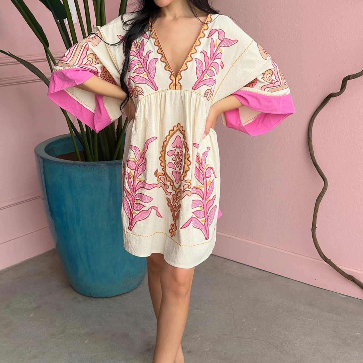 Women's Floral Print Dress Summer Half Sleeves V-Neck Loose Fit Short Dress Relaxed Fit Comfort Beach Dress