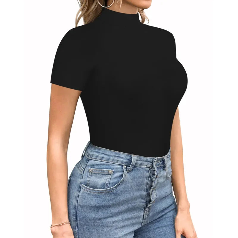 2023SpringSummer New Fashion Europe America Sexy Solid Color Medium High Neck Short Sleeve Casual Elegant Women's Tight Bodysuit