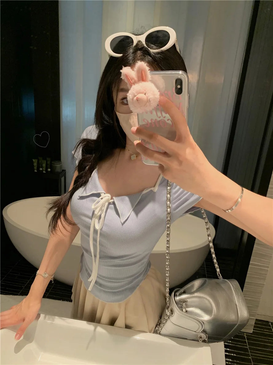 Sweet Spicy Girl Style Tie Straps V-neck Women's Knitted T-shirt Show Slim Figure Short Sleeved Tops Youth Elegant