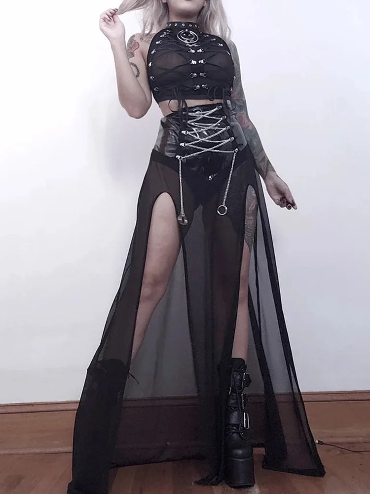 Yangelo Goth Grunge Skirt With Buckle Women Y2K Punk Sexy Bottoms Patchwork Split Long Skirts Summer Zipper See Through Clothes