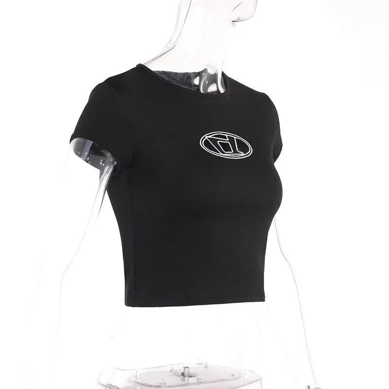 Y2k Top Shirts for Women Fashion Street Spice Girl Slim Show Chest D Embroidery Crop Short Open Umbilical Versatile Top