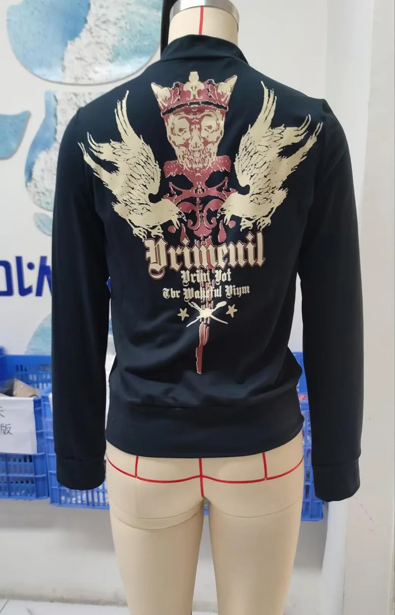 Women Fashion Skull and Letter Print Hoodies y2k Side Tie Up Coats Casual Long Sleeve Zip Up Hoodies Black Basic Slim Sweatshirt