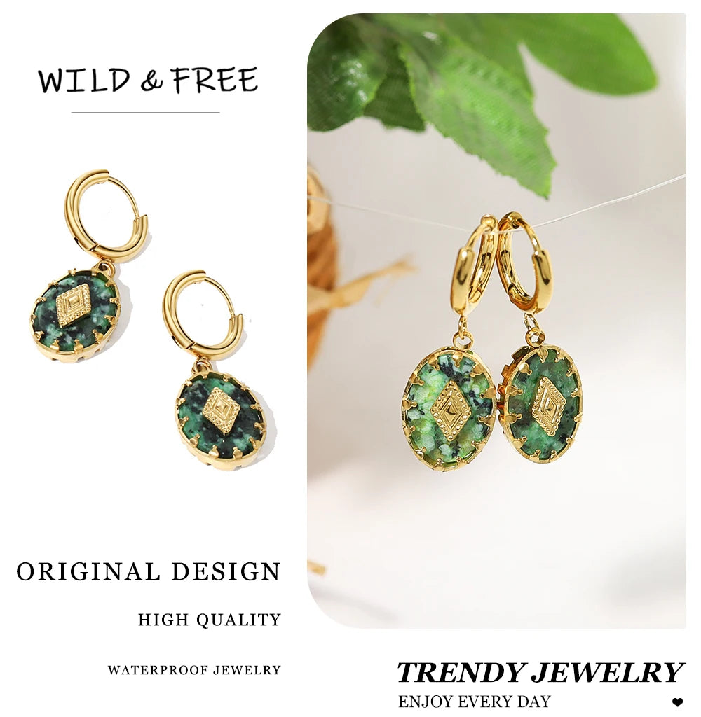 WILD & FREE 18K Gold Plated Natural Stone Stainless Steel Drop Earrings for Women Green African Turquoise Charm Vintage Jewelry