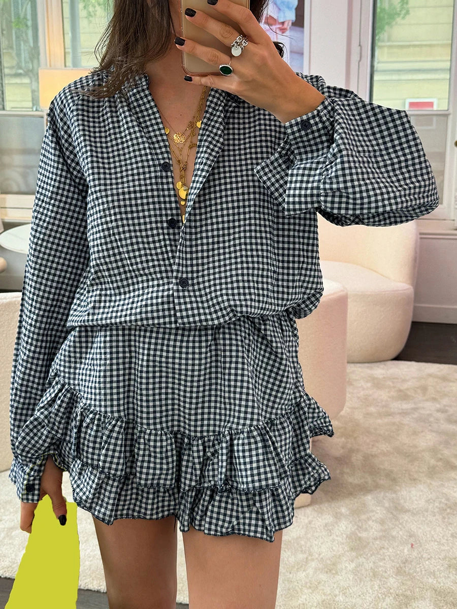Women Retro Aesthetic Two Piece Outfits Skirts Sets Plaid Print Long Sleeve Button Shirts+High Waist Layered Mini Skirts Clothes Viralgem Store