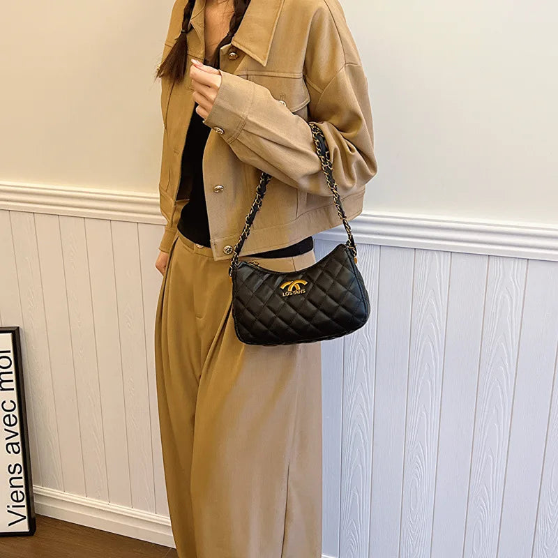 Advanced texture diamond grid small bag for women's 2025 autumn and winter new retro light luxury chain shoulder armpit bag