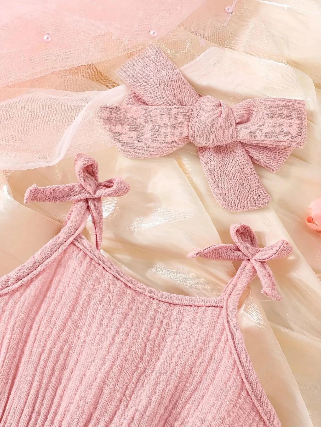 2 Sets Summer Newborn Baby Cool Breathable Pink Slip Triangle Onesie + Headband Cute Comfortable Coft Cotton Dress