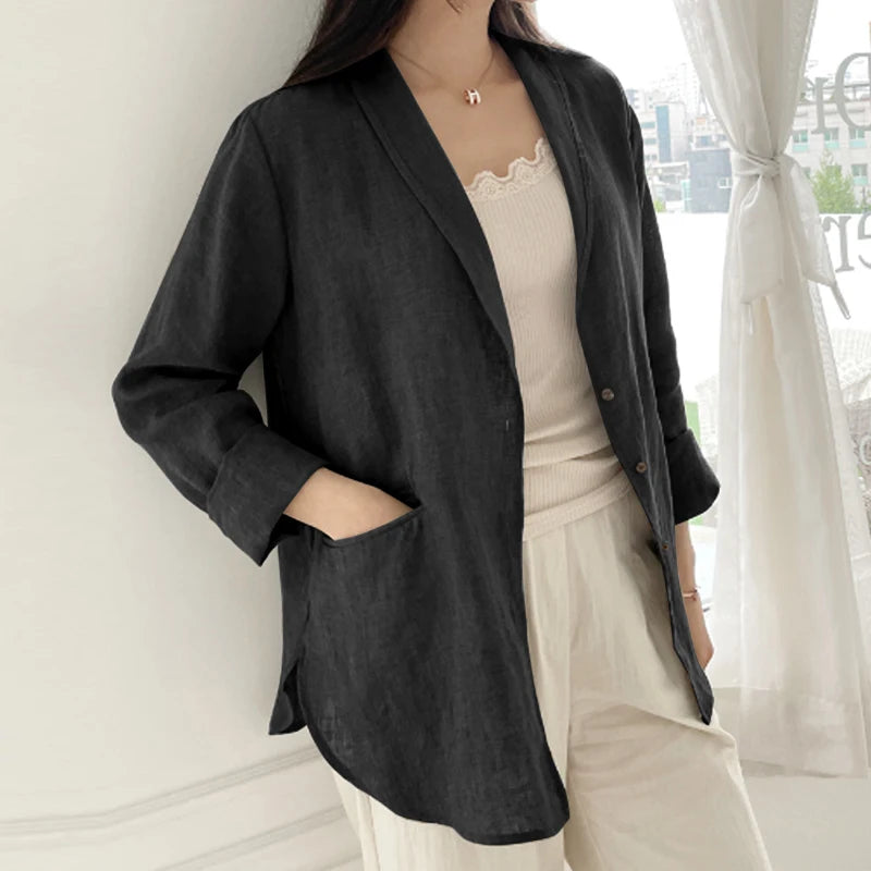 Women Solid Blazer 2024 Autumn ZANZEA Fashion Long Sleeve Outerwear Casual Loose Lapel Collar Coat Vintage Pocket Thin Jackets