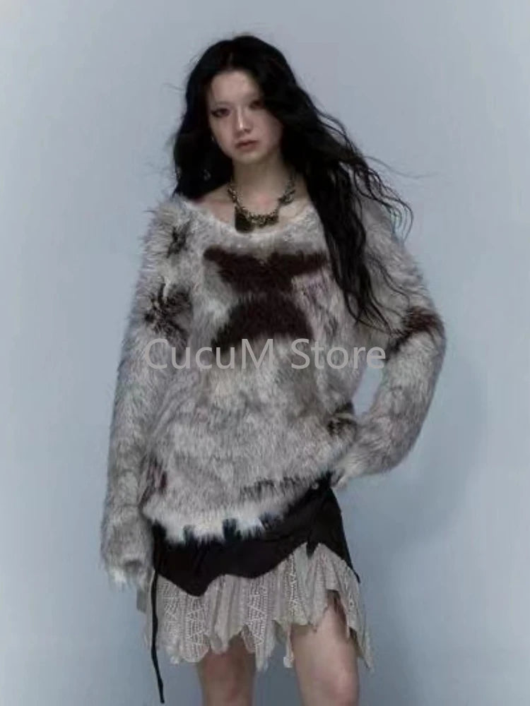 Women Black Gothic Mohair Pullover Knitted Sweater Harajuku Y2k Long Sleeves Sweater Jumper Vintage 2000s Aesthetic Clothes 2024