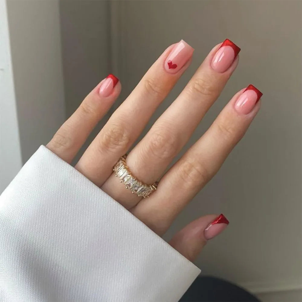 24pcs/set short Medium fake nails square ballet almond nail tips pink beautiful heart for Valentine's Day press on false nails