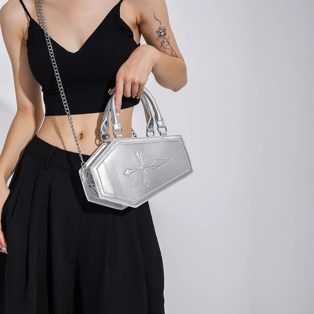 Women Crossbody Bag Large Capacity Coffin Shape Phone Shoulder Bag Halloween PU Top Handle Bag for Travel Make Up Cosmetic Bag