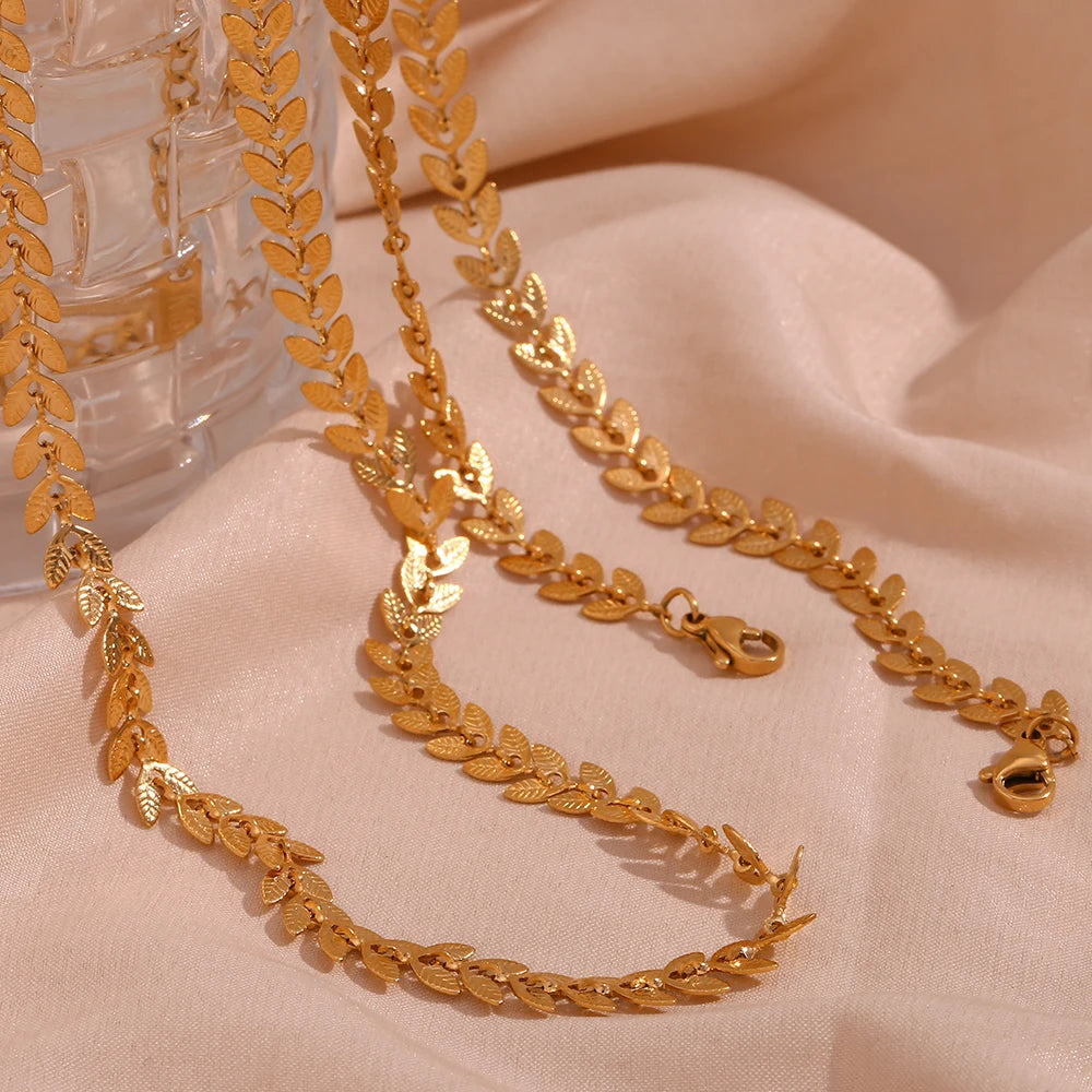 Stainless Steel 18K Gold Plated Waterproof Steric Leaf Chain Necklace Bracelets Anklets Jewelry Set Golden Jewelry For Women