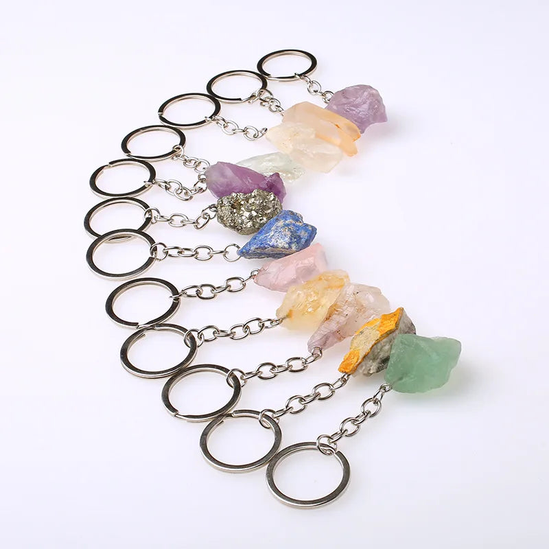 20pcs Natural Rough Raw Stone Crystal Quartzs Keychain Women Men Handbag Hangle Car Key Holder Raw Mineral Stone KeyRing Jewelry Viralgem Store