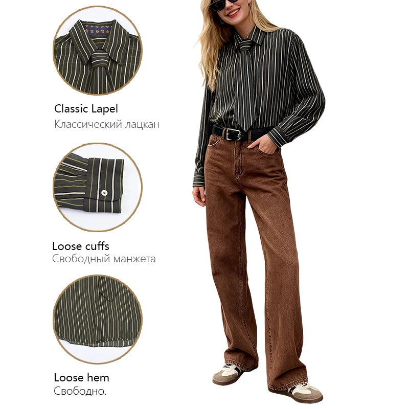 Womens Striped Shirt With Tie And Turn Down Collar Long Sleeves Fashionable And Versatile A Must Have Item For Spring And Autumn Freshlook Styles