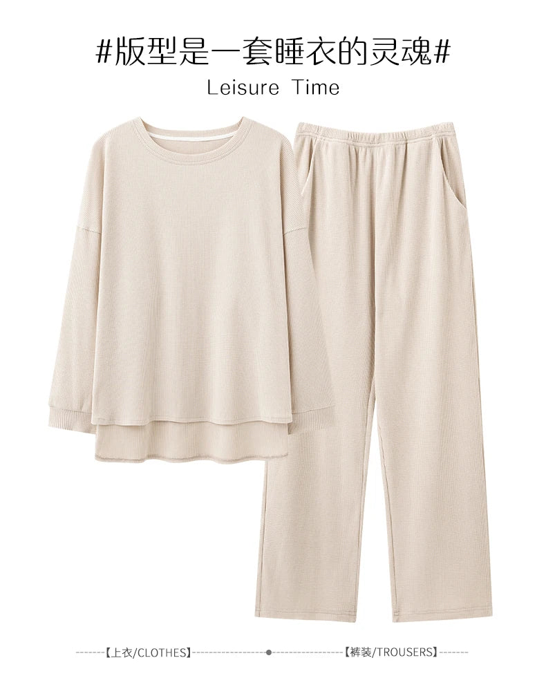 SUKAE Waffle Cotton Korean Minimalist Style Women Pajamas Spring Autumn Long Sleeves Lady Sleepwear Kawaii Round Neck Homesuits