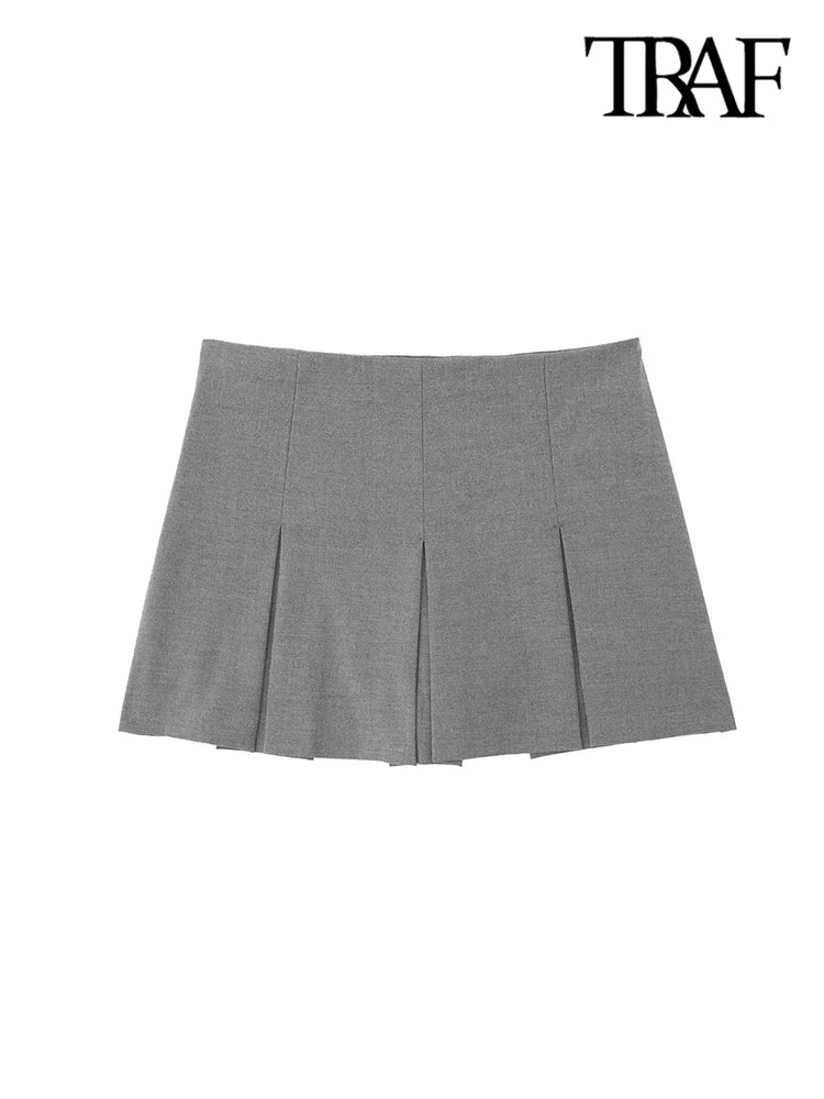 TRAF Women Fashion With Pleated Shorts Skirts Vintage High Waist Side Zipper Female Skort Mujer