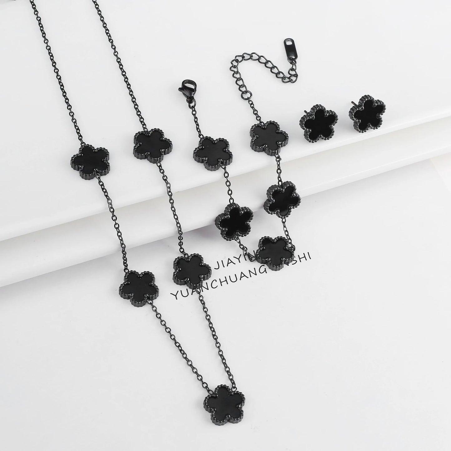 3Pcs 18k Gold-Plated Five-Leaf Flower Necklace Earrings Bracelet Jewelry Set For Woman Fashion Party Jewelry Daily Wear Clover Viralgem Store