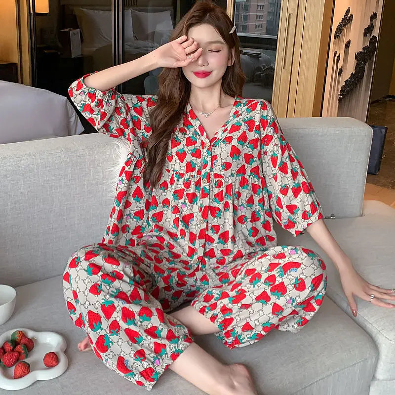 2023 New Cotton Silk Summer Pajamas Suit Plus Size Loose Ladies Home Clothes Two-piece Casual Style Thin