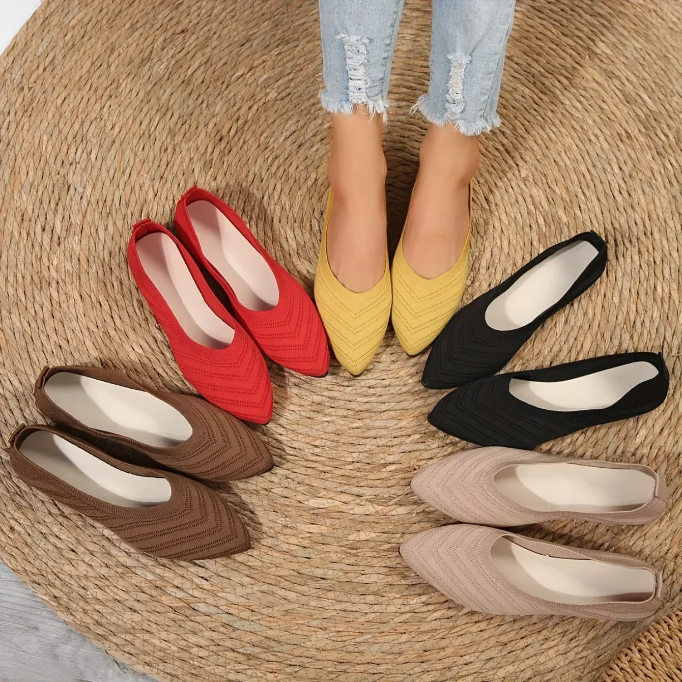 Women's Pointed Toe Flat Shoes Solid Color Knitted Slip on Shoes Casual Breathable Ballet Flats Women Flat Shoes Loafers Women Viralgem Store