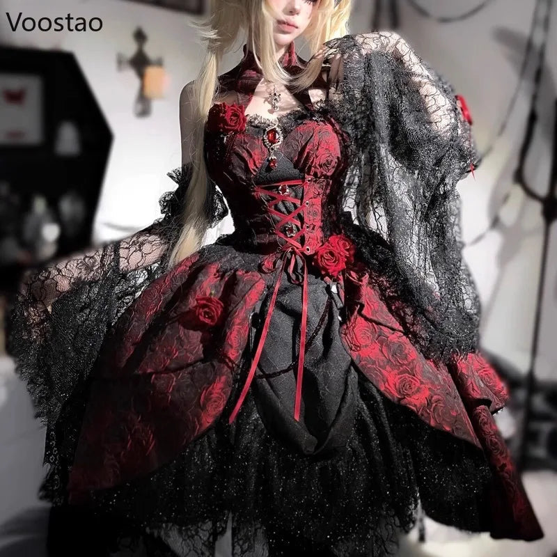 Victorian Gothic Lolita Dress Set Women Y2k Retro Rose Print Bandage Evening Party Dresses With Black Lace Sleeve Elegant Dress Viralgem Store