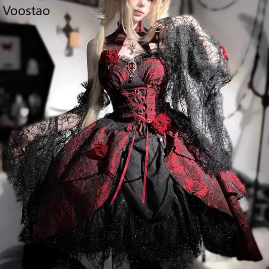 Victorian Gothic Lolita Dress Set Women Y2k Retro Rose Print Bandage Evening Party Dresses With Black Lace Sleeve Elegant Dress Viralgem Store