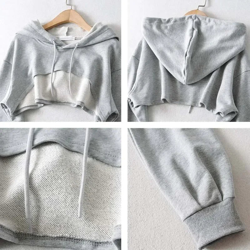 WTEMPO Women Sexy Drawstring Hooded Sweatshirts Long Sleeve Pullover Hoodie Super Crop Top Hoody Sweatshirts Viralgem Store