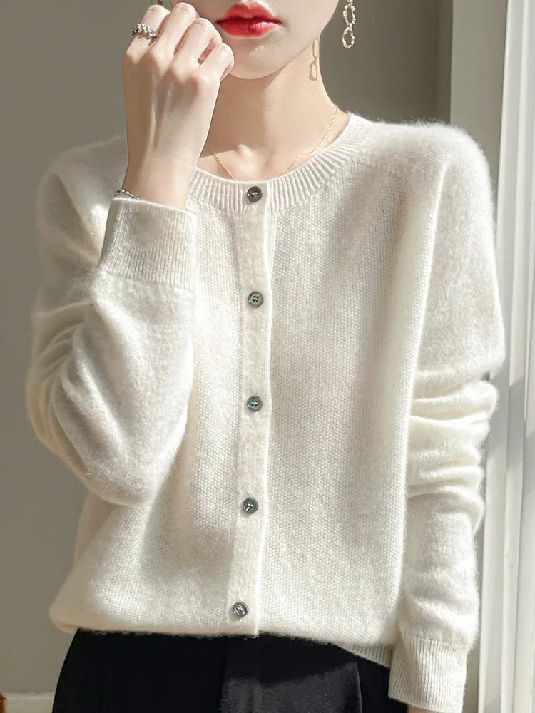 Women 100% Merino Wool Cardigan Soft O-Neck Cashmere Sweater OL Buttoned Knitwear Casual Top Clothing Korean Style Viralgem Store