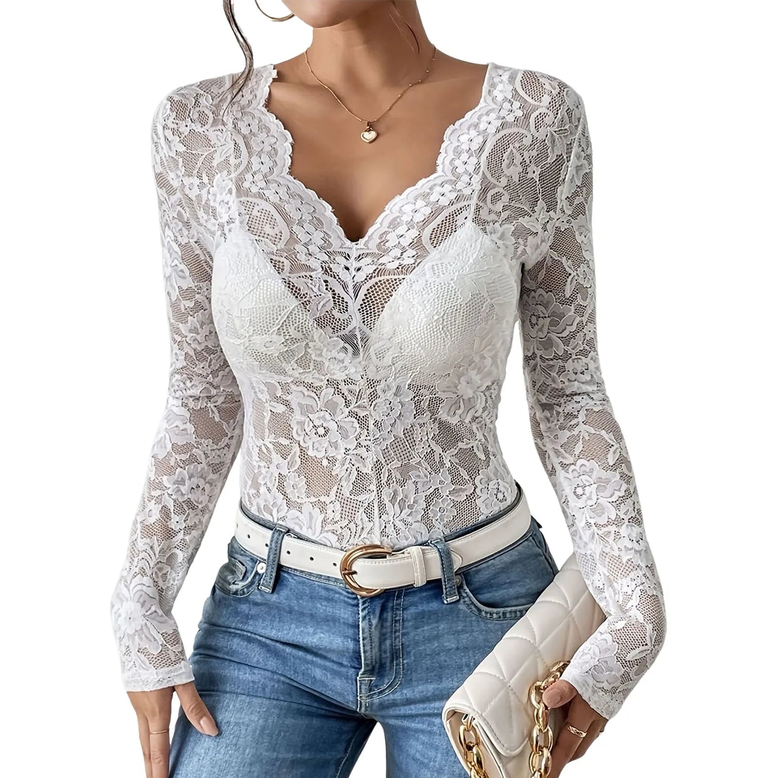 Women'S Floral Eyelet Lace Shirt Sexy V Neck Long Sleeve Opaque Shirts See-Through Lace Sexy Women Clothing Blusas Para Mujer Viralgem Store