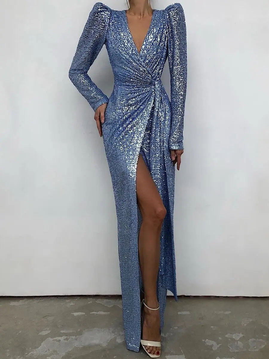 2022 New arrival fashion sexy sequins V-neck slim fit evening dress long sleeved elegant split tailing gown women clothing Viralgem Store