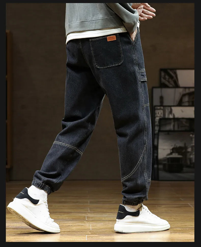 Spring Autumn Jean Men Elastic Waist Harem Hip-hop Denim Pant Male Street Fashion Big Size Loose Fit Baggy Jogger Cowboy Trouser
