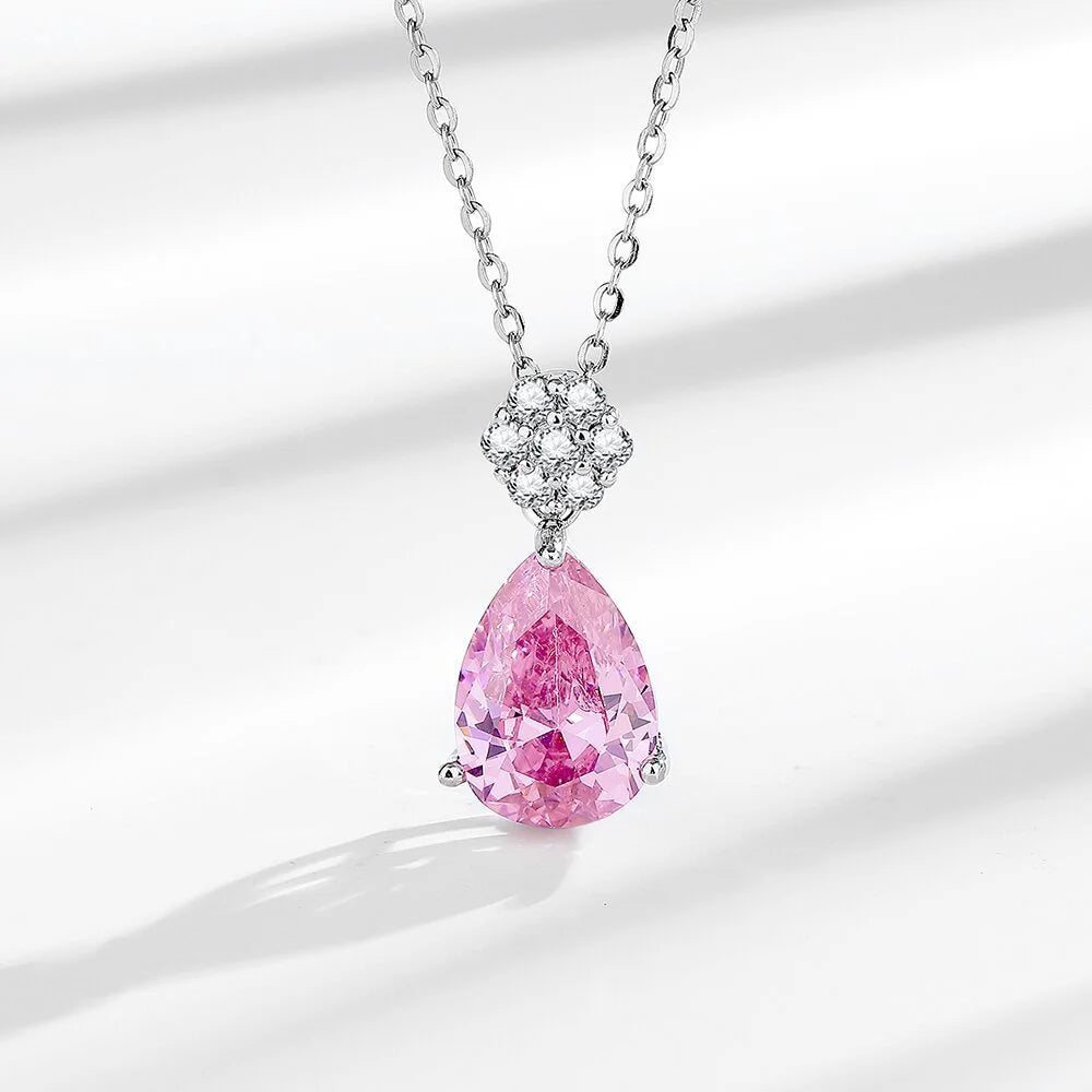 925 Sterling Silver Jewelry Set Shiny Rose Quartz Zircon Women Necklace Earrings Birthday Wedding Party Jewelry Gift Viralgem Store