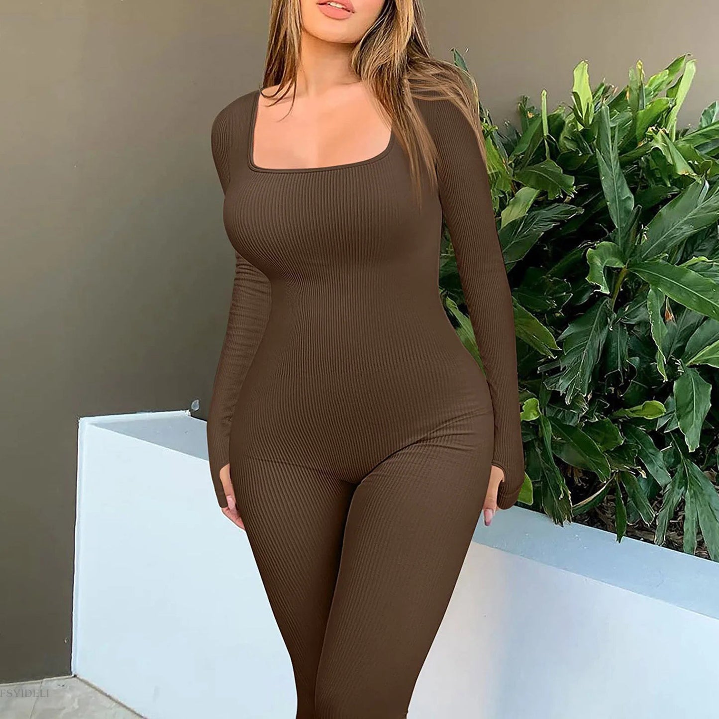 Women Elegant Skinny Jumpsuits Fall Winter Solid Ribbed Knit Long Sleeve Jumpsuit Y2k Square Neck Bodycon Sport Playsuits Female Viralgem Store