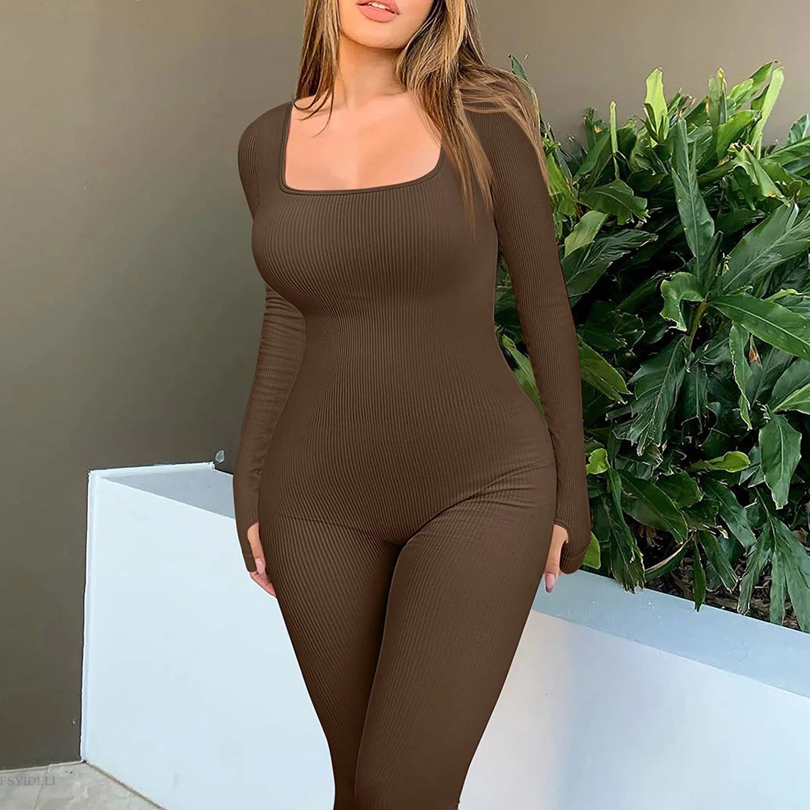 Women Elegant Skinny Jumpsuits Fall Winter Solid Ribbed Knit Long Sleeve Jumpsuit Y2k Square Neck Bodycon Sport Playsuits Female Viralgem Store