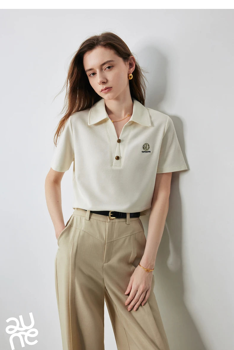 TOYOUTH Women Letter T-shirt 2024 Summer New POLO Collar Top Viralgem Store