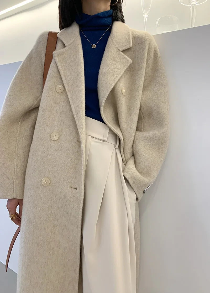 2024 Autumn Winter Wool Coat Women Double-breasted Solid Color Women's Double-sided Woolen Belt Coats Loose Warm Wool Jacket
