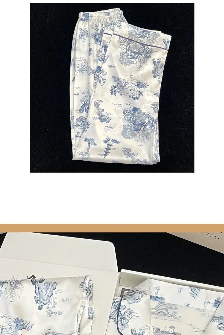 Women's Pajamas Sets Spring Autumn 2 Piece Paint Print Pyjama Faux Silk Satin Sleepwear Long Sleeve Pijama Mujer Pjs Homewear