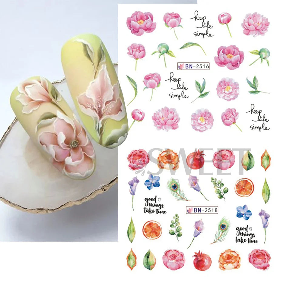 12 Design Floral Nail Art Stickers Water Decals Transfer Summer Painting Flower Leaf Rose Manicure Decoration Nail Sliders Wraps